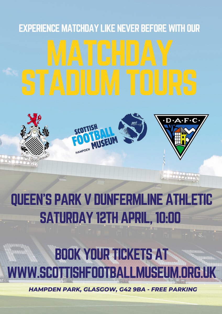 Scottish Football Museum (@sfootballmuseum) on Twitter photo It's one week until our matchday tours are back as <a href="/queensparkfc/">Queen's Park FC</a> take on <a href="/officialdafc/">Dunfermline Athletic</a> - why not come behind the scenes with us before the game and see what matchdays at Hampden are really like? To book, visit scottishfootballmuseum.org.uk It's one week until our matchday tours are back as <a href="/queensparkfc/">Queen's Park FC</a> take on <a href="/officialdafc/">Dunfermline Athletic</a> - why not come behind the scenes with us before the game and see what matchdays at Hampden are really like? To book, visit scottishfootballmuseum.org.uk