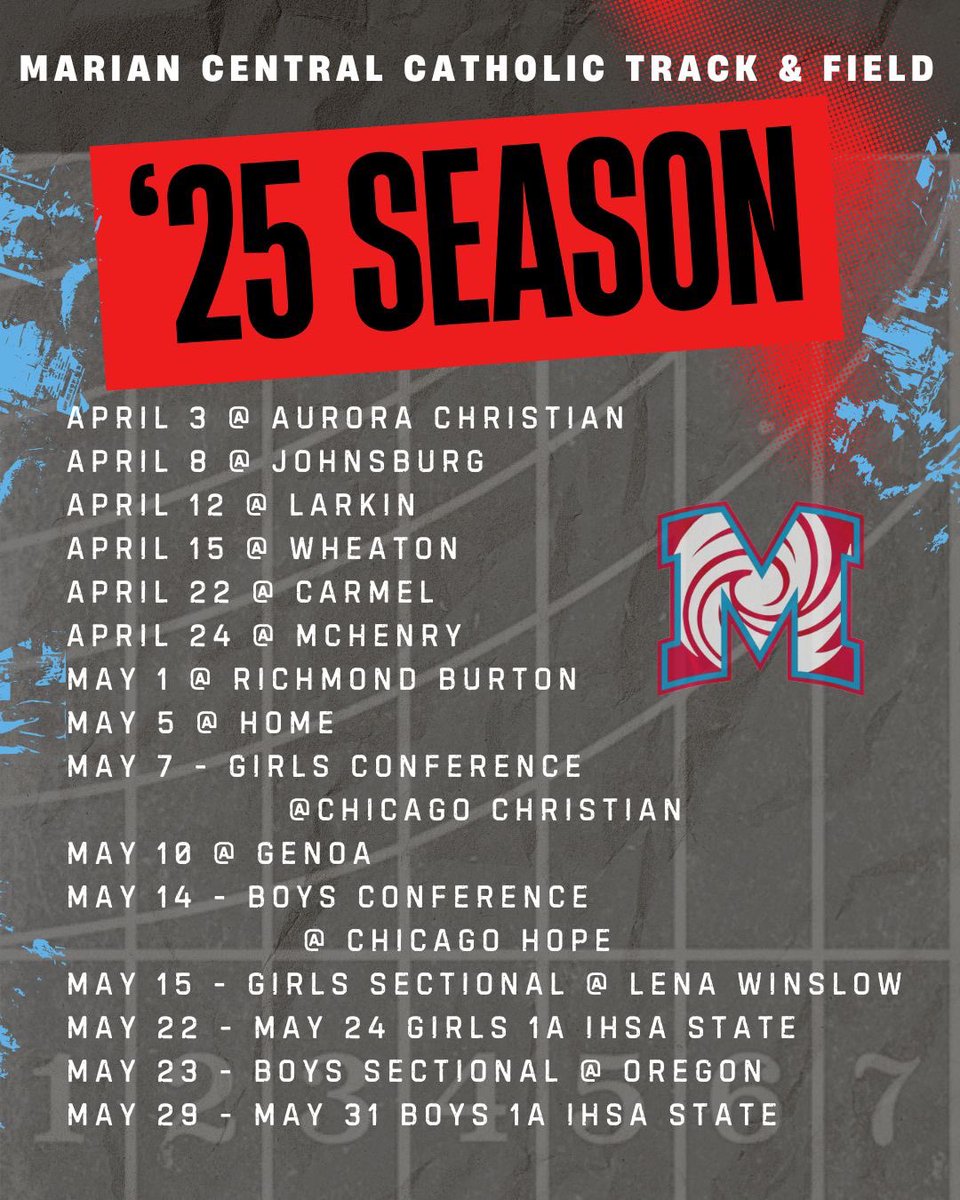 MissDAntonio1's tweet photo. 2025 Track and Field Schedule—Enjoy the spring weather watching some of the best athletes Marian has to offer against the top talent in the county. Go Canes #Marianspeed https://t.co/3GitpB1Vsb