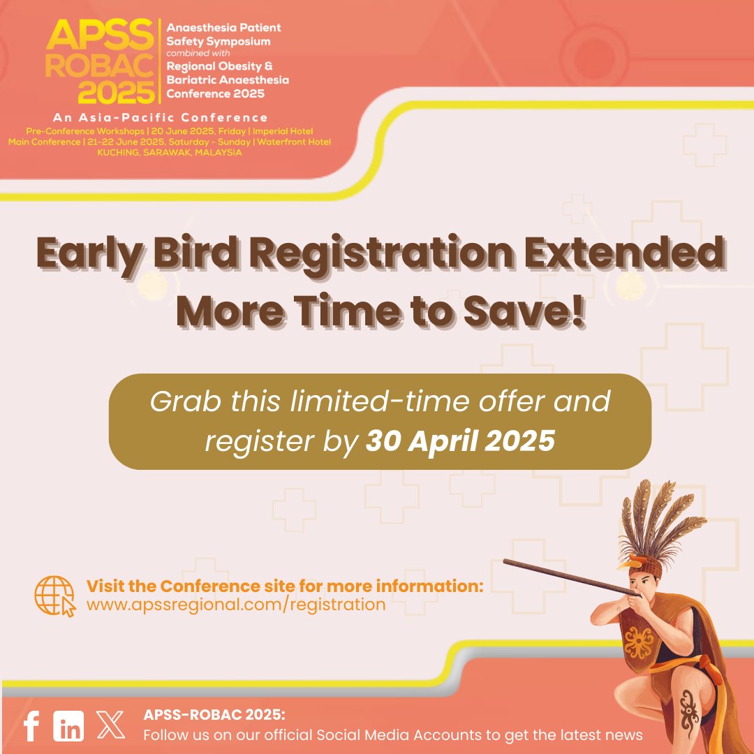 Great News! Early Bird Registration Extended!
You asked, we listened! The Early Bird Registration deadline has been extended from 1–30 April 2025.
Don't miss out—register now for exclusive savings!
#APSSROBAC2025 #APSSROBAC #Earlybirdregistration