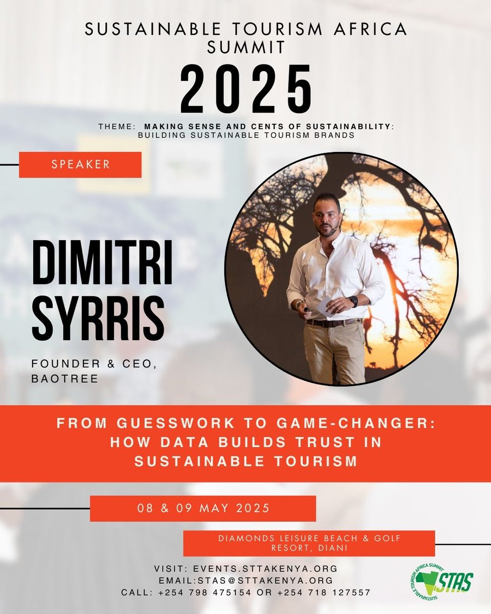 Exciting Update! Announcing speakers at Sustainable Tourism Africa Summit 2025

Sustainability needs smart, inclusive data.

Meet the founder of <a href="/bao_tree/">Baotree</a>, a company revolutionising sustainability imapct measurement. Mr Dimitri Syrris, one of our Keynote Speakers at STAS2025,