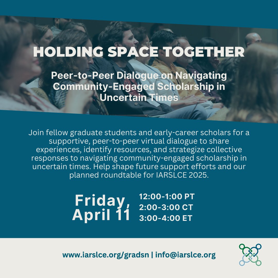 IARSLCE (@iarslce) on Twitter photo Join us on Friday, April 11 from 2-3pm CST, for this one-hour virtual peer-to-peer event hosted by the IARSLCE Graduate Student Network. Visit iarslce.org/gradsn to register. Join us on Friday, April 11 from 2-3pm CST, for this one-hour virtual peer-to-peer event hosted by the IARSLCE Graduate Student Network. Visit iarslce.org/gradsn to register.