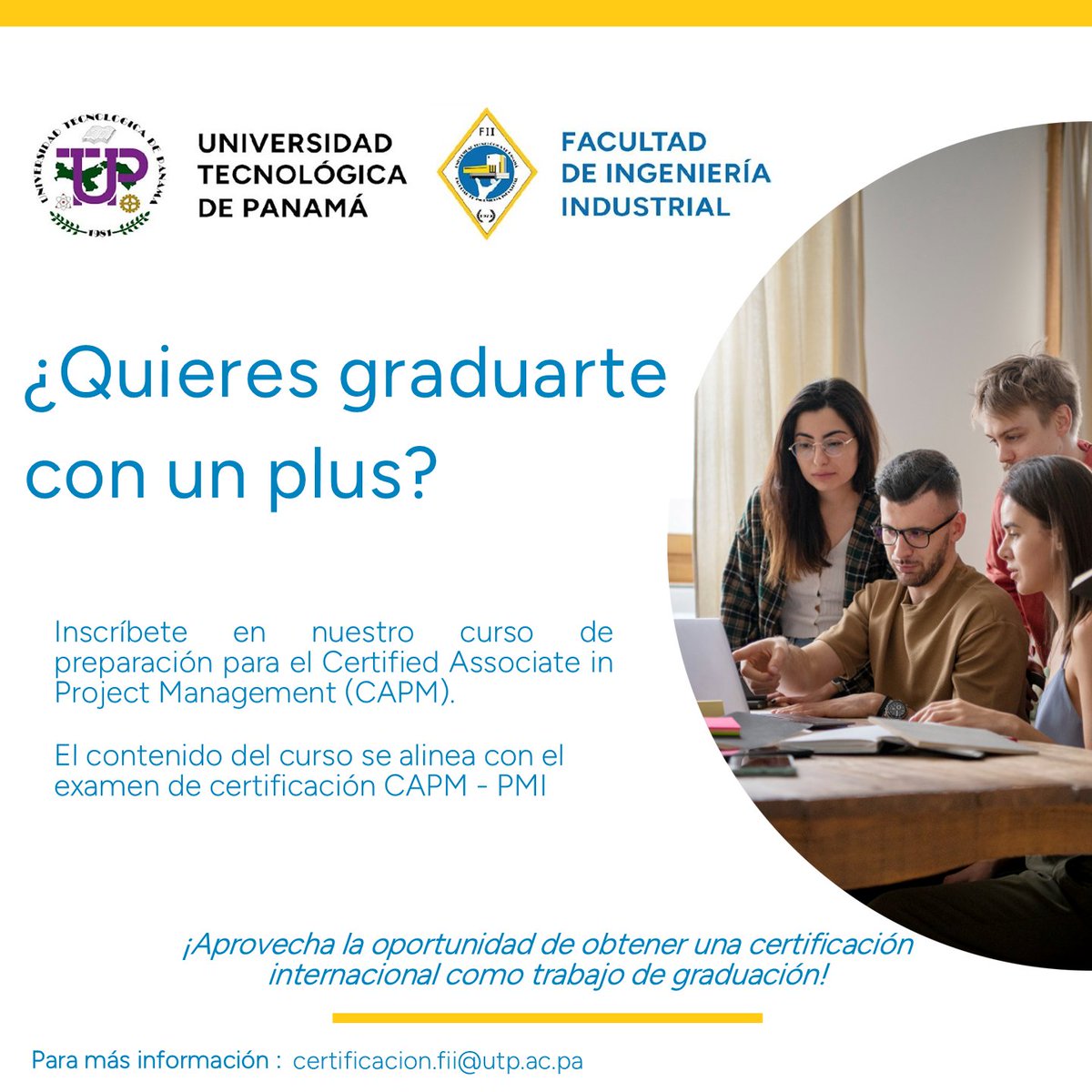 Facultad de Ingeniería Industrial | UTP (@utpfii) on Twitter photo 🎓 Nueva Opción de Trabajo de Graduación: Certificación CAPM - PMI
📚 Facultad de Ingeniería Industrial
🕒 Curso sabatino de 130 horas
📅 Inicio: 9 de agosto 2025
⚠️ Cupos limitados
📧 Info: certificacion.fii@utp.ac.pa
#CertificaciónCAPM #PMI #IngenieríaIndustrial #UTP 🎓 Nueva Opción de Trabajo de Graduación: Certificación CAPM - PMI
📚 Facultad de Ingeniería Industrial
🕒 Curso sabatino de 130 horas
📅 Inicio: 9 de agosto 2025
⚠️ Cupos limitados
📧 Info: certificacion.fii@utp.ac.pa
#CertificaciónCAPM #PMI #IngenieríaIndustrial #UTP