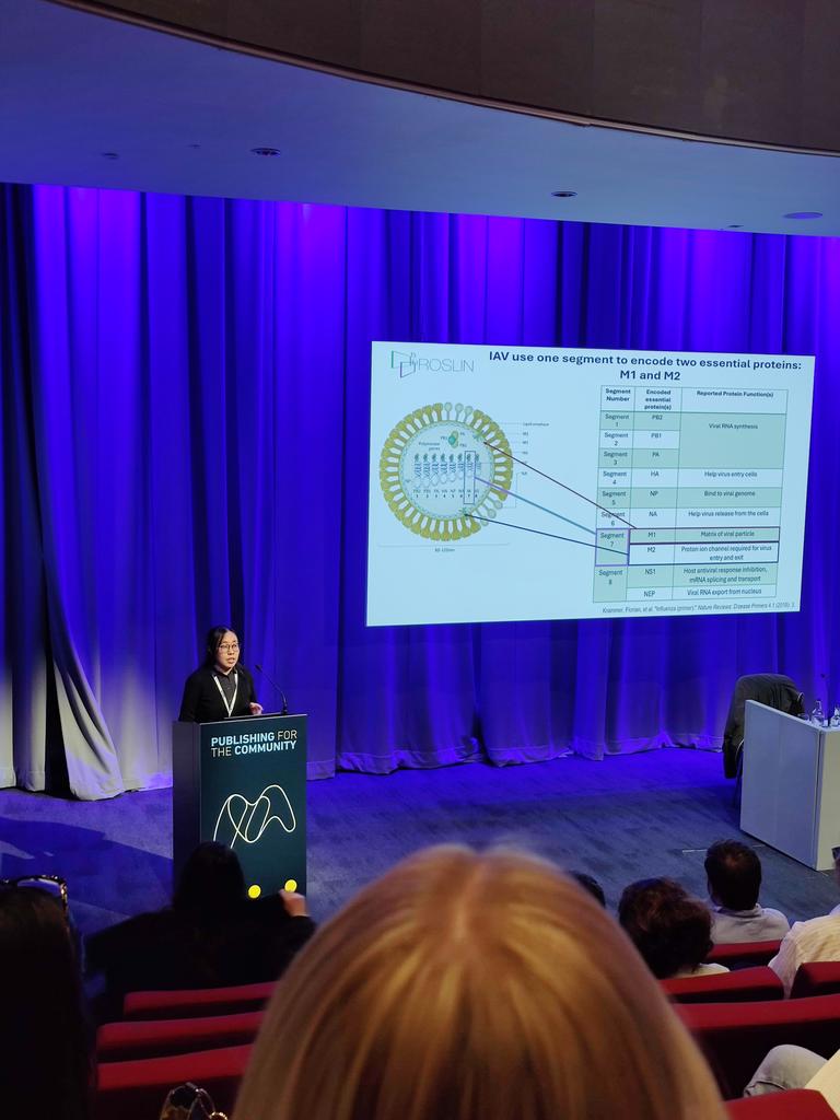 We follow up with an INSANE presentation from #DigardianoftheGalaxy Shu Zhou, showing us how it is possible to engineer IAV splicing in Segment 7, and what this might mean for orthomyxo evolution! Truly awesome sights at #Microbio25