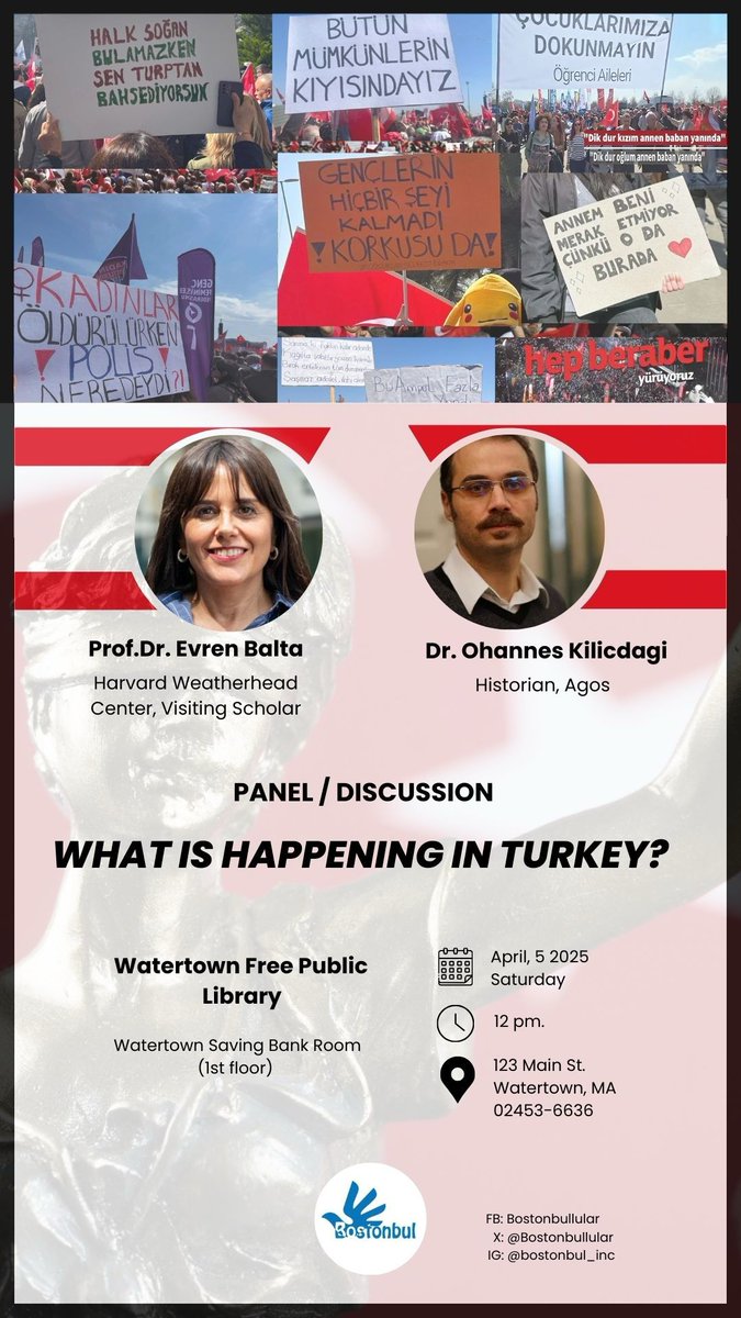 Bostonbullular (@bostonbullular) on Twitter photo Cumartesi günü Evren Balta (<a href="/Evreki/">Evren Balta 🫐</a>) ve Ohannes Kılıçdağı (<a href="/ohannes_klcdg/">Ohannes Kılıçdağı</a>)'nın katılımıyla düzenlediğimiz "What is happening in Turkey?" paneline bekliyoruz. Yer: Watertown Library, Watertown Savings Bank Room; Tarih: 5 Nisan 2025, Cumartesi; Saat: 12:00 Cumartesi günü Evren Balta (<a href="/Evreki/">Evren Balta 🫐</a>) ve Ohannes Kılıçdağı (<a href="/ohannes_klcdg/">Ohannes Kılıçdağı</a>)'nın katılımıyla düzenlediğimiz "What is happening in Turkey?" paneline bekliyoruz. Yer: Watertown Library, Watertown Savings Bank Room; Tarih: 5 Nisan 2025, Cumartesi; Saat: 12:00