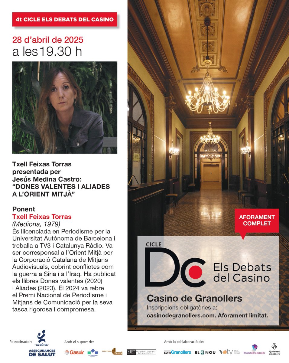 📢 Proper Debat del Casino, dilluns 28 d'abril, a les 19.30 h!
La periodista <a href="/txellfeixas/">txell feixas torras</a>, que va ser corresponsal a l'Orient Mitjà, conversarà amb <a href="/TxusMedina/">Txus Medina</a>, director de <a href="/el9nou_vor/">el9nou_vor</a>. 

Amb el patrocini de <a href="/MutuaGranollers/">Mutua de Granollers</a>