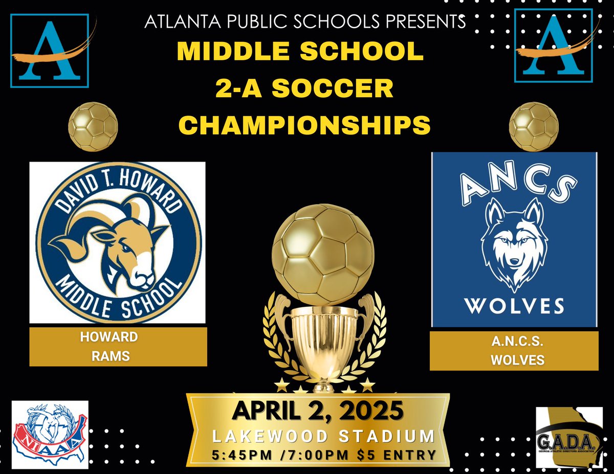 Rendell Jackson Ed.S, CMAA (@jacksonque4) on Twitter photo Today Apr. 3rd @APSAthletics70 MS Soccer 2-A Division takes center stage at Lakewood Stadium as both boys and girls of <a href="/APSHoward/">David T. Howard Middle School</a> and <a href="/atlncs/">ANCS</a> compete for the Championship! The winner will go on to compete in the Battle of the Metro vs <a href="/ccpsathletics1/">CCPS Athletics</a>! <a href="/CVCollier_AD/">Corrie Collier: Ed.S,CMAA,CIC</a> <a href="/Robwil1911/">Robert E. Wilson, Sr. CMAA</a> Today Apr. 3rd @APSAthletics70 MS Soccer 2-A Division takes center stage at Lakewood Stadium as both boys and girls of <a href="/APSHoward/">David T. Howard Middle School</a> and <a href="/atlncs/">ANCS</a> compete for the Championship! The winner will go on to compete in the Battle of the Metro vs <a href="/ccpsathletics1/">CCPS Athletics</a>! <a href="/CVCollier_AD/">Corrie Collier: Ed.S,CMAA,CIC</a> <a href="/Robwil1911/">Robert E. Wilson, Sr. CMAA</a>