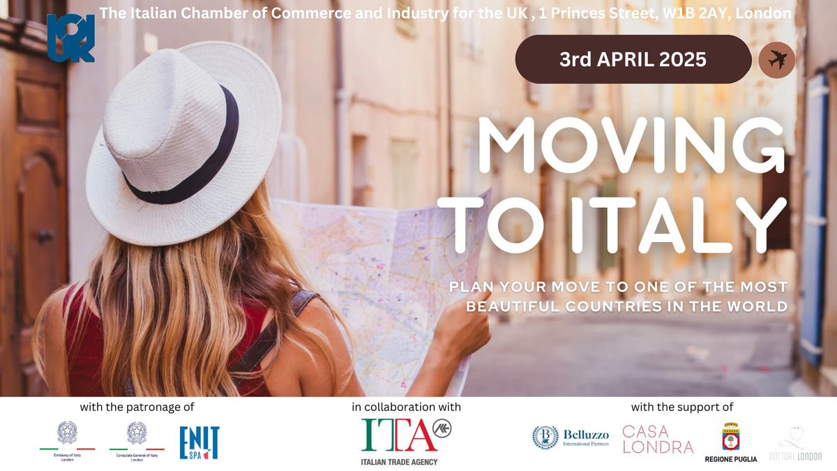 If you are considering living, working, investing or retiring in #Italy, register for the free 'Moving to Italy 2025' event on April 3 at the <a href="/ItalianChamUK/">Italian Chamber UK</a> London office. Click here: italchamind.org.uk/events/moving-…