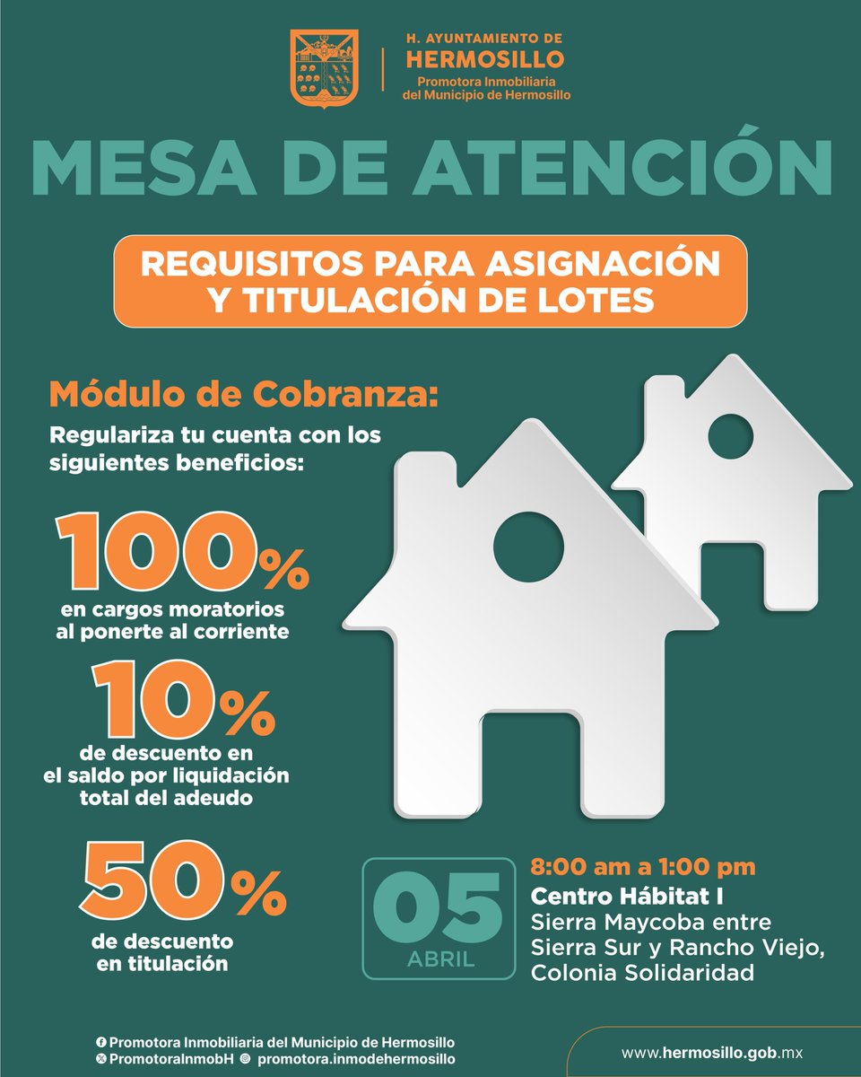 En Promotora Inmobiliaria estamos listos para recibirte este sábado 05 de abril en el Centro Hábitat 1 de la Colonia Solidaridad donde será un placer atenderte.  ¡Regulariza tu patrimonio! 📷
#TrabajoQueSeNota
<a href="/HermosilloGob/">Gobierno de Hermosillo</a>
