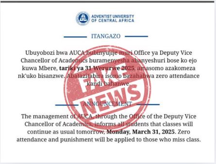 Adventist University of Central Africa (@auca_rwanda) on Twitter photo <a href="/AUCA_Rwanda/">Adventist University of Central Africa</a> wishes to disown the announcement that went viral days back. Our official communications are always stamped and signed. Pleased ignore the attached and accept our apologies for any inconvenience caused! <a href="/RwandaGov/">Government of Rwanda</a> <a href="/PrimatureRwanda/">Office of the PM | Rwanda</a> <a href="/Rwanda_Edu/">Ministry of Education | Rwanda</a> <a href="/HEC_Rwanda/">HEC Rwanda</a> <a href="/IbnSwaibIV/">Capalot™</a> <a href="/AUCA_Rwanda/">Adventist University of Central Africa</a> wishes to disown the announcement that went viral days back. Our official communications are always stamped and signed. Pleased ignore the attached and accept our apologies for any inconvenience caused! <a href="/RwandaGov/">Government of Rwanda</a> <a href="/PrimatureRwanda/">Office of the PM | Rwanda</a> <a href="/Rwanda_Edu/">Ministry of Education | Rwanda</a> <a href="/HEC_Rwanda/">HEC Rwanda</a> <a href="/IbnSwaibIV/">Capalot™</a>