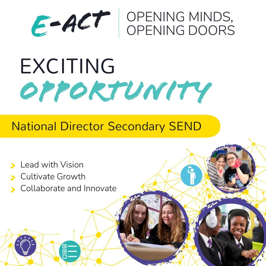 National Leadership Opportunity at E-ACT

We are looking for a dedicated leader to join our national team and champion the education of SEND pupils. This role will work closely with the National Director Primary SEND to lead Trust initiatives.

Learn more: buff.ly/4hlPnm9