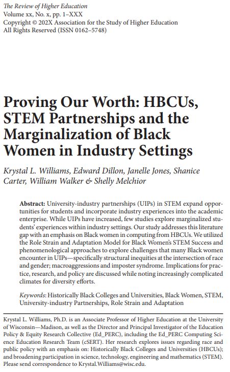RHE_ASHE's tweet image. Just dropped! An ahead of print by @KrysLWilliams, E. Dillon, J. Jones, Sh. Carter, W. Walker & Sh. Melchior "Proving Our Worth: HBCUs, STEM Partnerships and the Marginalization of Black Women in Industry Settings" Read this NEW #RHE Open Access article at muse.jhu.edu/pub/1/article/…