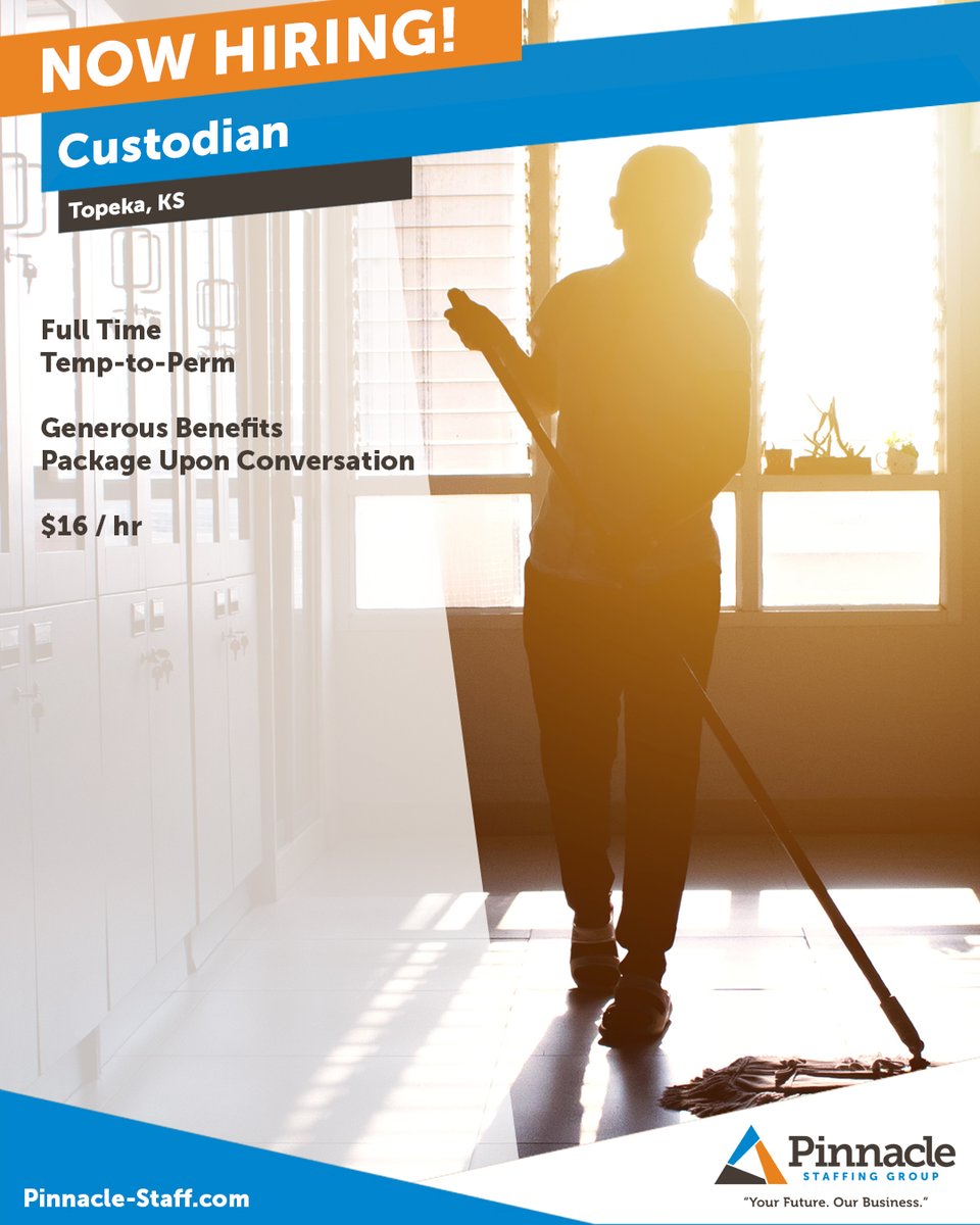 pinnaclegroups's tweet image. We're searching for a Custodian in Topeka. Apply today at our Topeka office, or call: 785.422.8111

923 SW Fairlawn Road, Suite 161
Topeka, Kansas 66606

#TopekaJobs #CustodialJobs #CustodianJobs #JanitorialJobs #LaborJobs #Jobs #Hiring #NowHiring #ApplyNow #ApplyToday