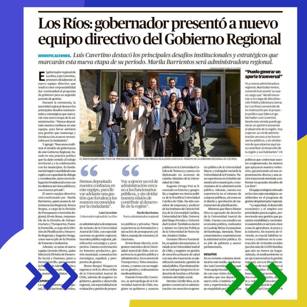 📰 ¡Nuestro nuevo equipo directivo en la prensa! 📢

Medios regionales destacan la presentación del equipo que acompañará al Gobernador Luis Cuvertino en la gestión del @gorelosrios. ¡Seguimos trabajando por el desarrollo de nuestra región!

#Valdiviacl #GobiernoRegional