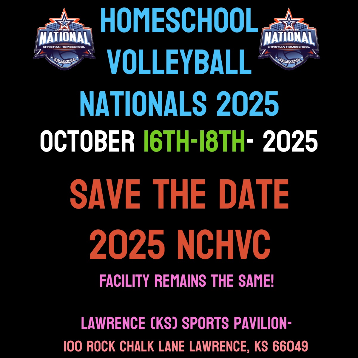 HomeSchool Volleyball's National Championships-
October 16-18, 2025- Lawrence, KS

🏐✨ Exciting News: HomeSchool Volleyball National Championships Coming Soon! ✨🏐

Mark your calendars for October 16-18, 2025, in Lawrence, KS! The last four Volleyball Nationals have seen a