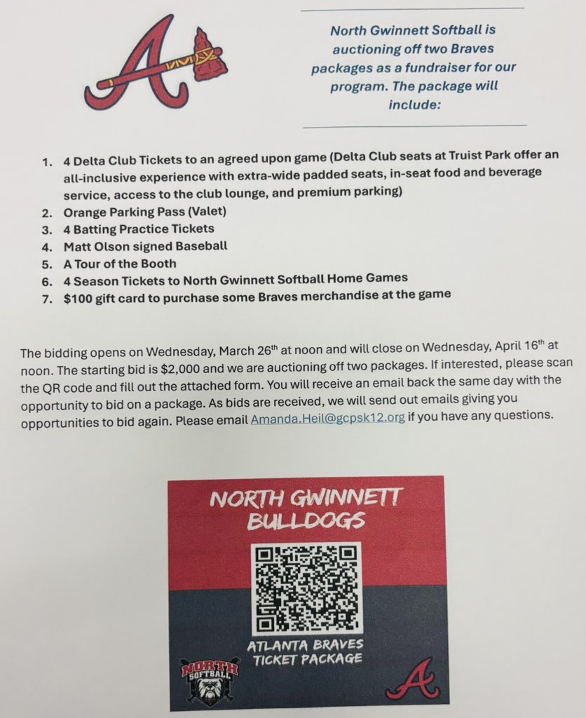 NG Softball (@softball_nghs) on Twitter photo You can help turn the <a href="/Braves/">Atlanta Braves</a> season around by biding on one of these ticket packages. Bids are open!! You can help turn the <a href="/Braves/">Atlanta Braves</a> season around by biding on one of these ticket packages. Bids are open!!