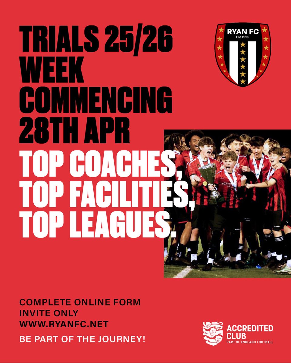 Exciting Trial Dates for ALL RYAN FC and partner club ⁦<a href="/walthamstowfc/">Walthamstow Football Club</a>⁩ teams will be on website and social media very soon … please keep looking for updates. Be part of the Journey 🏆🏆🏆