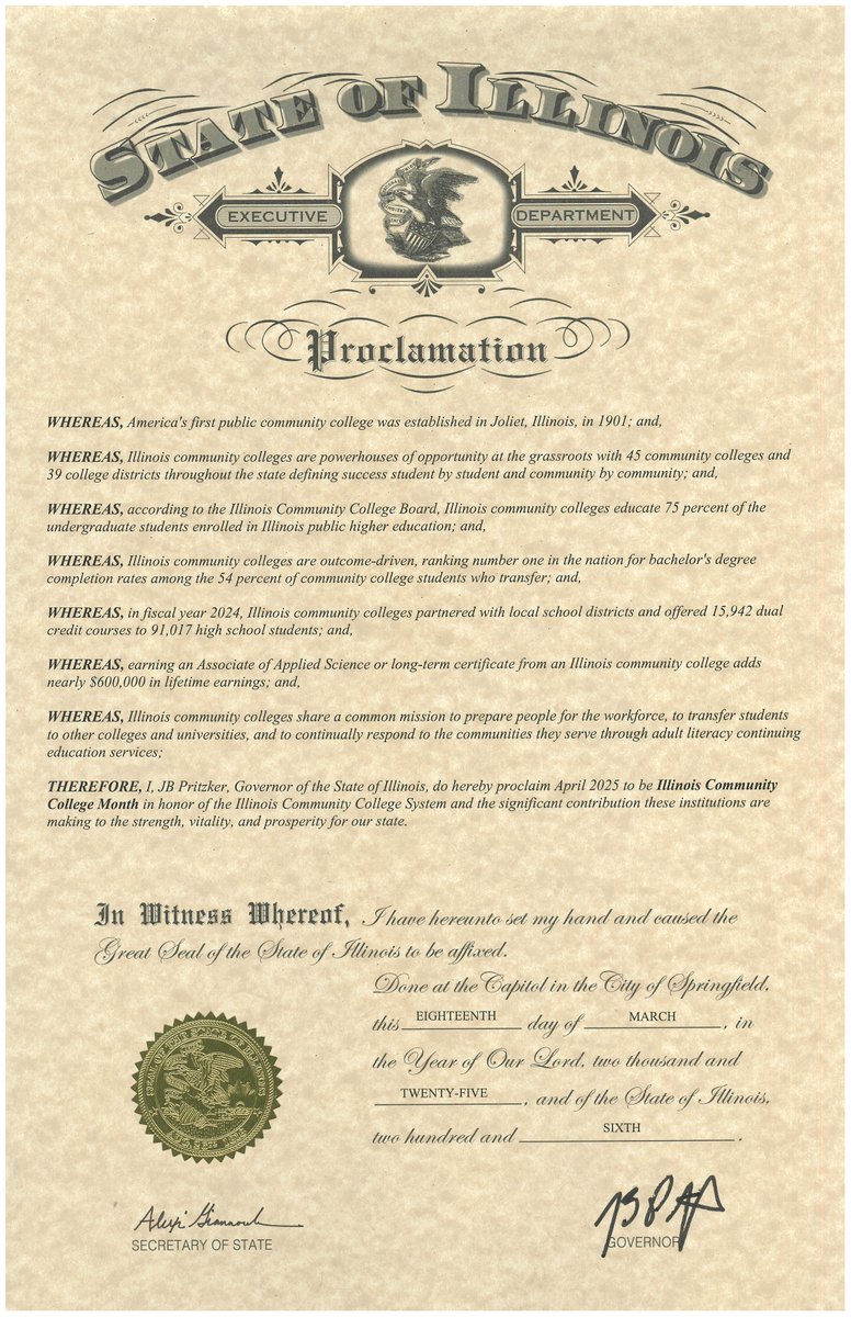 TY to <a href="/GovPritzker/">Governor JB Pritzker</a> for declaring April as Illinois Community College Month! #CCMonth #4everystudent4everycommunity #ilcommunitycollegeproud