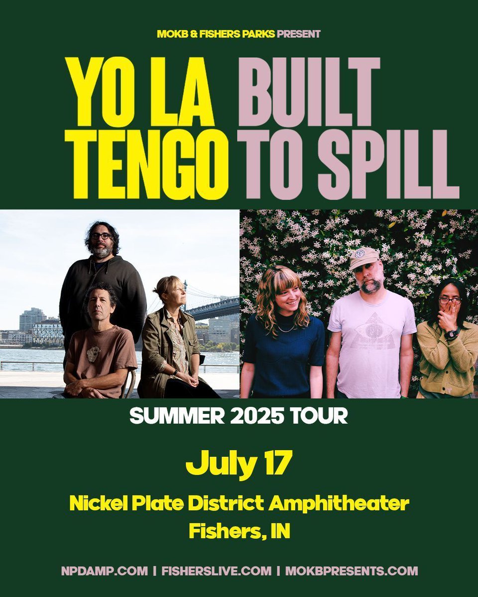 JUST ANNOUNCED 👊 MOKB &amp; Fishers Parks Present Yo La Tengo &amp; Built to Spill at Nickel Plate District Amphitheater on July 17th!
General on sale for this show is this Friday, April 4th at 10AM 🎵