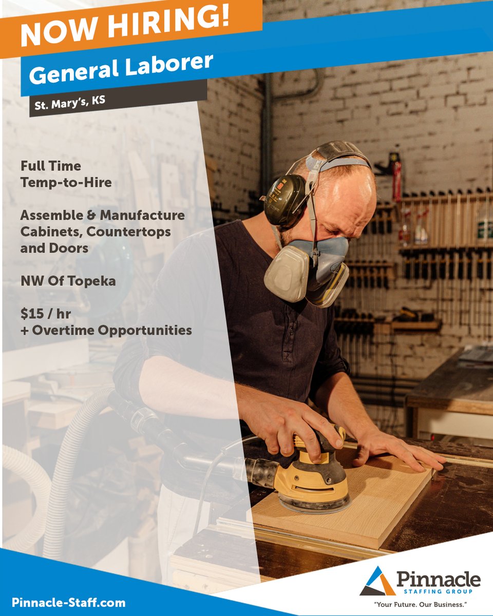 pinnaclegroups's tweet image. We're searching for a General Laborer in St. Mary's, NW of Topeka. Apply today at our Topeka office, or call: 785.422.8111

923 SW Fairlawn Road, Suite 161
Topeka, Kansas 66606

#TopekaJobs #StMarysJobs #LaborerJobs #WoodworkingJobs #LaborJobs #Jobs #Hiring #NowHiring #ApplyNow