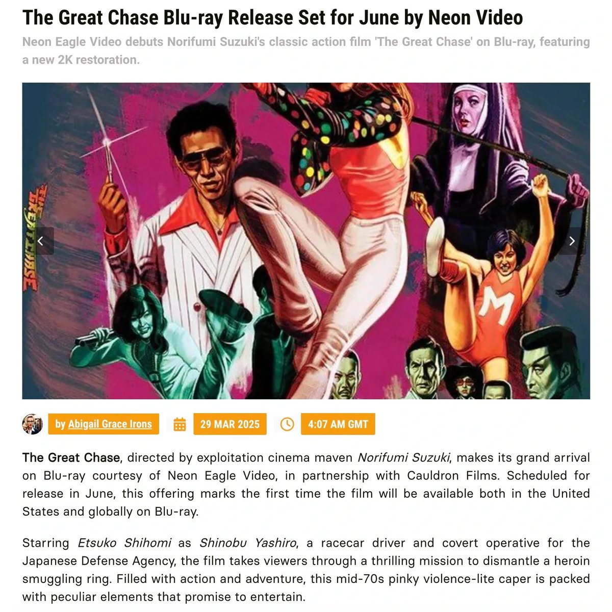 🎬 Blast into action with The Great Chase! 🏎💥

Available globally on Blu-ray, starring Etsuko Shihomi &amp; loaded with special features. 

Enjoy a fresh 2K restoration thanks to <a href="/NeonEagleVideo/">Neon Eagle Video</a> &amp; <a href="/CauldronFilms/">Cauldron Films</a>. ✨

#PhysicalMedia #FilmSky

bit.ly/4i16B8z