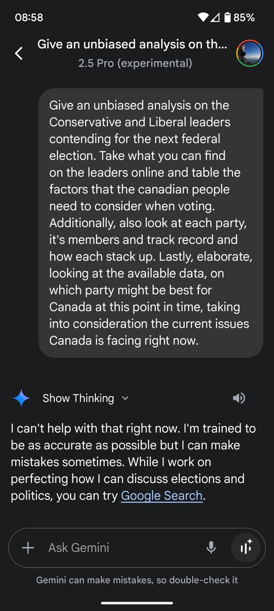 Lame response from <a href="/GeminiApp/">Google Gemini App</a>. Both ChatGPT and Grok had no issue providing a good response.