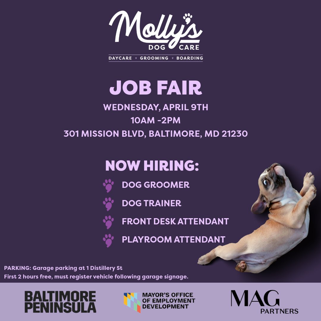 Calling all dog lovers! 🐶 You won't want to miss this event NEXT WEDNESDAY! Another great opportunity to work in the beautiful <a href="/Balt_Peninsula/">Baltimore Peninsula</a>! 🔥

🗓️ April 9th
📍301 Mission Blvd (2nd floor conference room)
🕙 10am to 2pm