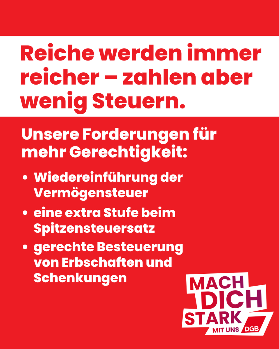 DGB - Deutscher Gewerkschaftsbund (@dgb_news) on Twitter photo Während Löhne stark besteuert werden, bleiben Vermögen & Erbschaften oft unberührt. Das Aussetzen der #Vermögensteuer hat den Staat bisher über 429 Mrd. € gekostet.
Liebe <a href="/CDU/">CDU Deutschlands</a>/<a href="/CSU/">CSU</a> & <a href="/spdde/">SPD Parteivorstand 🇪🇺</a>, hier ist unser Konzept für #Steuergerechtigkeit: dgb.de/geld/steuerkon…
#StarkMitUns Während Löhne stark besteuert werden, bleiben Vermögen & Erbschaften oft unberührt. Das Aussetzen der #Vermögensteuer hat den Staat bisher über 429 Mrd. € gekostet.
Liebe <a href="/CDU/">CDU Deutschlands</a>/<a href="/CSU/">CSU</a> & <a href="/spdde/">SPD Parteivorstand 🇪🇺</a>, hier ist unser Konzept für #Steuergerechtigkeit: dgb.de/geld/steuerkon…
#StarkMitUns