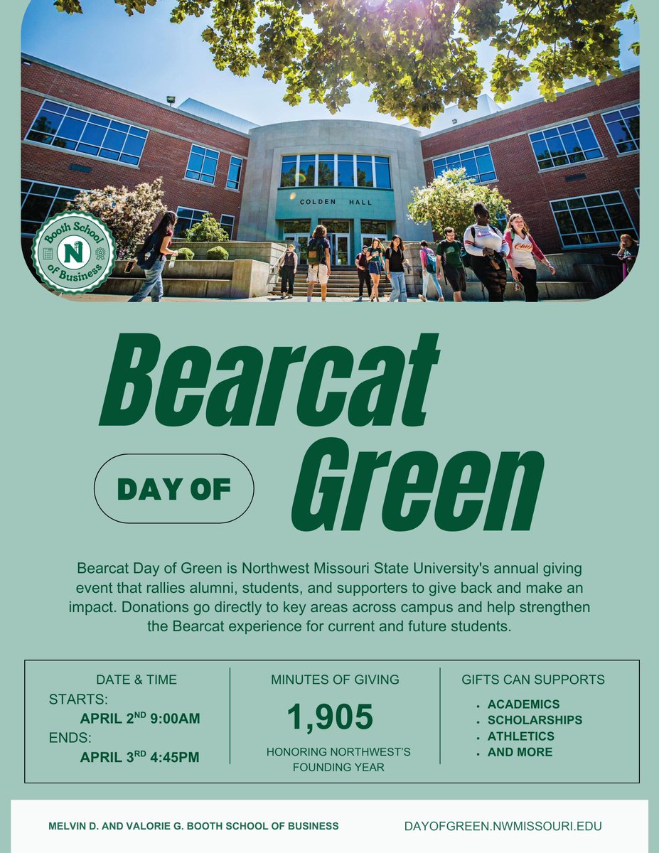 It’s Bearcat Day of Green! 💚

Support the Booth School of Business and make your impact during 1,905 minutes of giving!

dayofgreen.nwmissouri.edu/giving-day/933…

#BearcatDayOfGreen