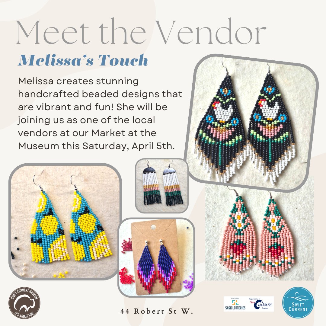 Meet the Vendor! Melissa's Touch will be one of our incredibly talented local vendors at Market at the Museum this Saturday, April 5th from 1:30pm - 4:30pm.🌷 
Melissa will have a beautiful variety of handcrafted beaded earrings on display.
Looking forward to seeing you!