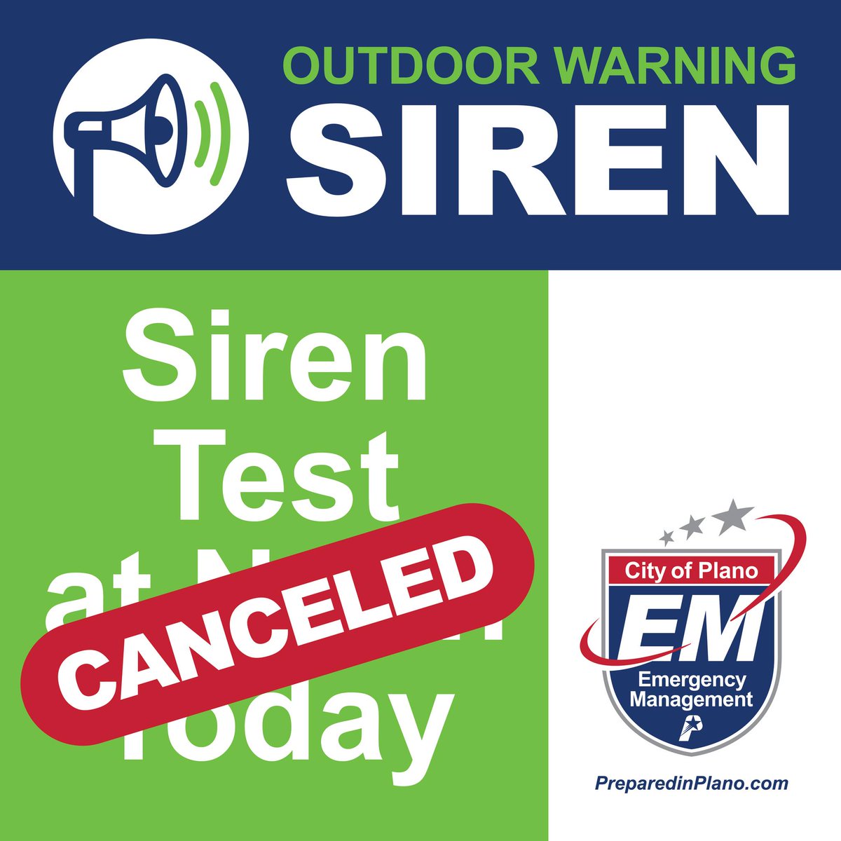 The siren test scheduled for today has been canceled due to inclement weather and rain in the area. 🚨🚫

Plano tests its Outdoor Warning Siren system on the first Wednesday of every month - weather permitting.

How do Plano's Outdoor Warning Sirens Work? youtu.be/gnS5ALxoCao