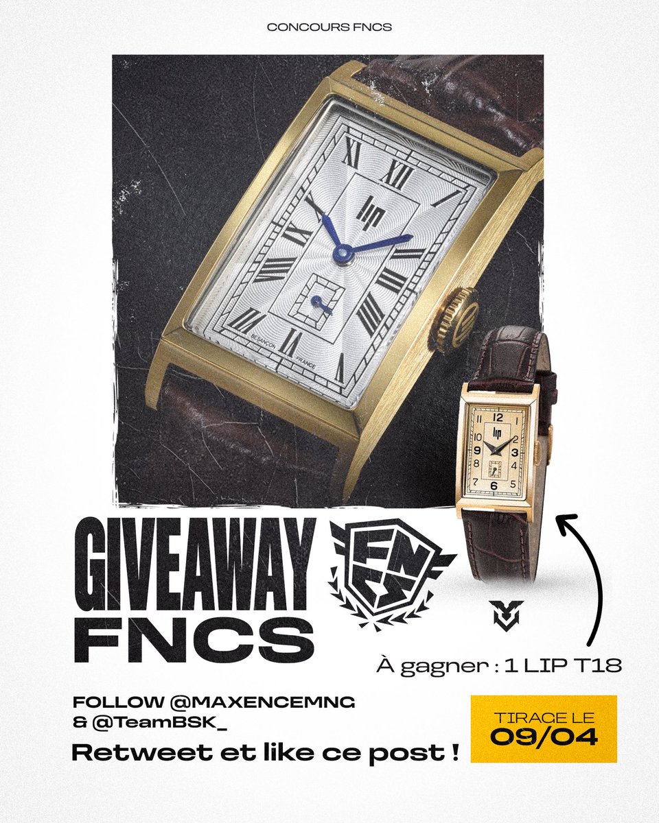 BSK Maxence (@maxencemng) on Twitter photo 🎁 GIVEAWAY #FNCS 🎁
Besançon, capitale de l’horlogerie en 🇫🇷 ! ⌚✨
Avec <a href="/TeamBSK_/">BSK ESPORT</a>, on vous fait gagner une montre LIP T18 à l’occasion des FNCS ! 🎉
Pour participer :
- Follow <a href="/MaxenceMNG/">BSK Maxence</a> & <a href="/TeamBSK_/">BSK ESPORT</a>
- Like & Retweet ce tweet
⚠️ Tirage au sort le 09/04 ! Bonne chance à tous 🎁 GIVEAWAY #FNCS 🎁
Besançon, capitale de l’horlogerie en 🇫🇷 ! ⌚✨
Avec <a href="/TeamBSK_/">BSK ESPORT</a>, on vous fait gagner une montre LIP T18 à l’occasion des FNCS ! 🎉
Pour participer :
- Follow <a href="/MaxenceMNG/">BSK Maxence</a> & <a href="/TeamBSK_/">BSK ESPORT</a>
- Like & Retweet ce tweet
⚠️ Tirage au sort le 09/04 ! Bonne chance à tous