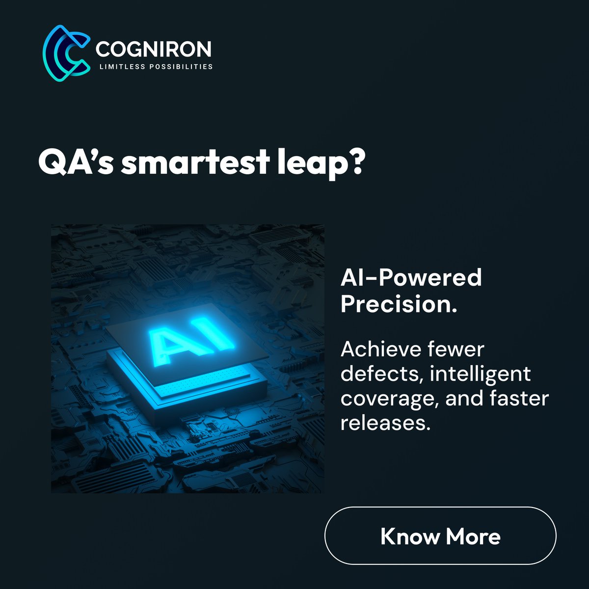 cogniron's tweet image. No more just bug-hunting—start predicting failures. AI in QA isn’t a trend; it’s a revolution:
- Fewer defects
- Smarter coverage
- Faster releases
At Cogniron, we’re making QA proactive with AI. Let’s talk!
#AIQA #SmartTesting #Cogniron #AITesting