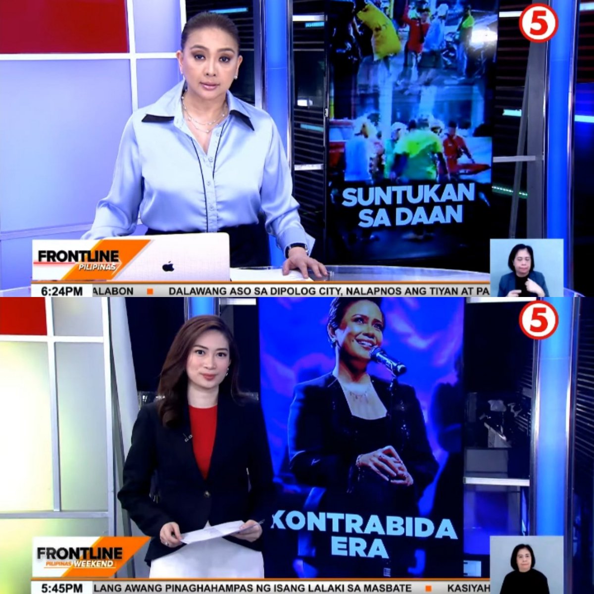 ralphierce's tweet image. Oddly, though, Cheryl Cosim uses a desk on #FrontlinePilipinas, but Nikki De Guzman doesn&apos;t do the same on #FrontlineWeekend.

Back in Studio 5, both were known to sit on a desk during their shifts.