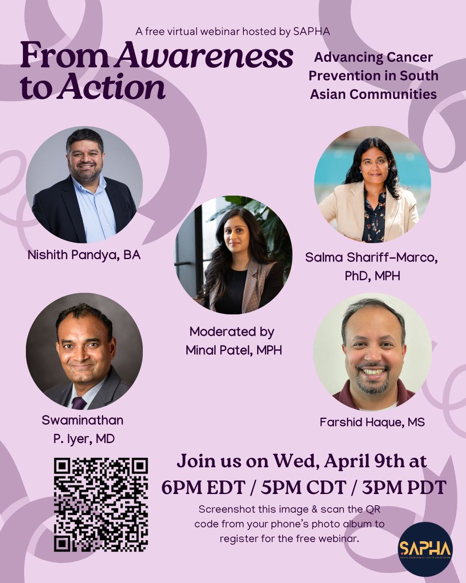 📢 Join us on Tuesday 4/9 at 6pm EST / 5pm CST / 3pm PST for "From Awareness to Action: Advancing Cancer Prevention in South Asian Communities," a virtual panel hosted by SAPHA! 🎟️ Register for free: buff.ly/7l9rd9F
