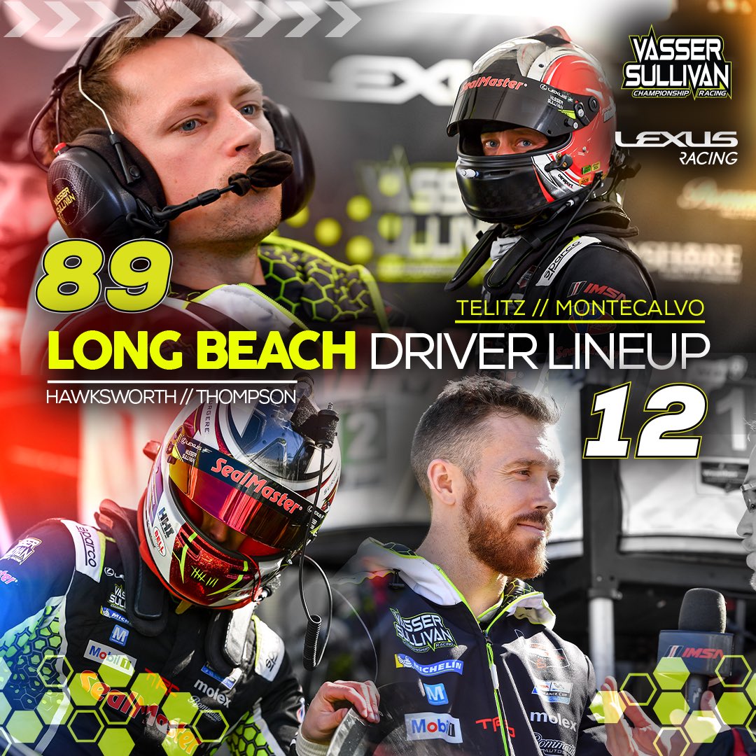 Vasser Sullivan (@vassersullivan) on Twitter photo Ready to conquer the beach! <a href="/FMontecalvo/">Frankie Montecalvo</a> and <a href="/AaronTelitz/">Aaron Telitz</a> will compete in the GTD class under the no. 89 in their <a href="/lexusracingusa/">Lexus Racing USA</a> #LexusRCF while <a href="/jackhawkrace/">Jack Hawksworth</a> and <a href="/parkertracing/">Parker Thompson</a> will take on the field piloting the no. 12! #LongBeachGP #IMSA Ready to conquer the beach! <a href="/FMontecalvo/">Frankie Montecalvo</a> and <a href="/AaronTelitz/">Aaron Telitz</a> will compete in the GTD class under the no. 89 in their <a href="/lexusracingusa/">Lexus Racing USA</a> #LexusRCF while <a href="/jackhawkrace/">Jack Hawksworth</a> and <a href="/parkertracing/">Parker Thompson</a> will take on the field piloting the no. 12! #LongBeachGP #IMSA