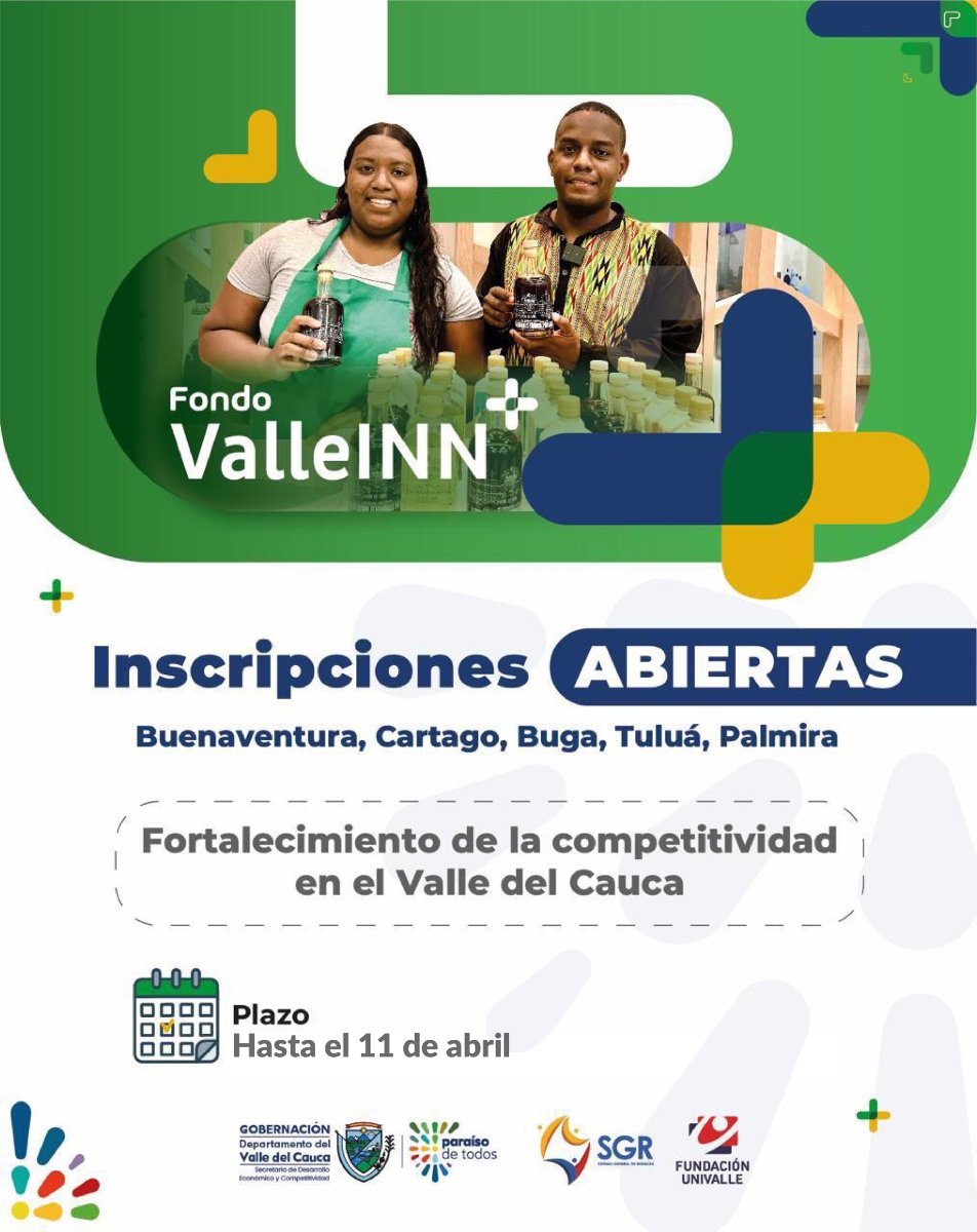 Participa de la convocatoria #ValleINN+, un proyecto diseñado para fortalecer la competitividad de las unidades productivas en municipios priorizados del #ValledelCauca. Inscripciones abiertas del 10 de marzo al 11 de abril. Así, micro y pequeños emprendedores de #Buenaventura,