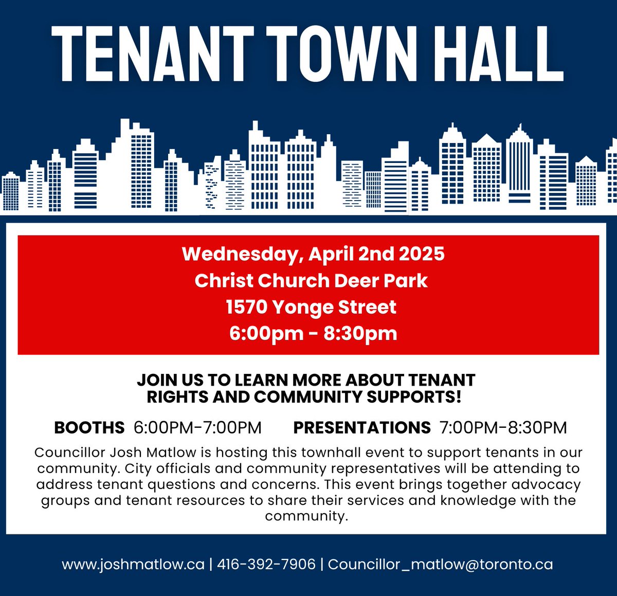 FMTA (@torontotenants) on Twitter photo Attend a Tenant Town Hall tonight at 6pm - 8pm at Christ Church Deer Park 1570 Yonge Street. Hosted by Councillor Josh Matlow <a href="/JoshMatlow/">Josh Matlow</a>
This event will shed light on Tenant Rights and offer valuable Tenant and Community Support resources. Come be part of the conversation! Attend a Tenant Town Hall tonight at 6pm - 8pm at Christ Church Deer Park 1570 Yonge Street. Hosted by Councillor Josh Matlow <a href="/JoshMatlow/">Josh Matlow</a>
This event will shed light on Tenant Rights and offer valuable Tenant and Community Support resources. Come be part of the conversation!