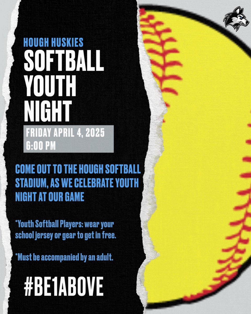 Friday Night is YOUTH NIGHT at the Softball Game. Come out and have some fun at our Home Game!! #be1above <a href="/HoughAthletics/">Hough HS Athletics</a>