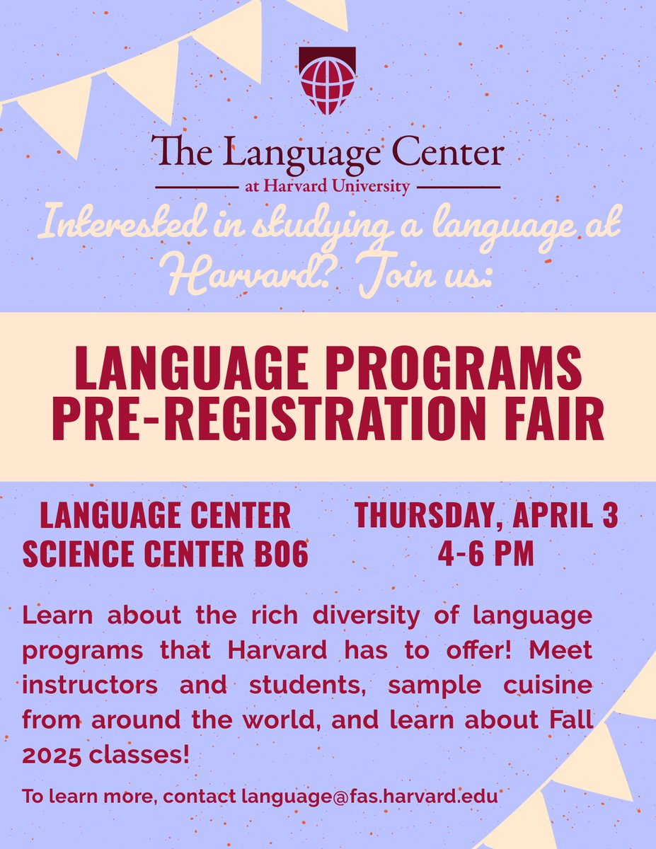 Language Center @ Harvard University (@langctrharvard) on Twitter photo Hey <a href="/HarvardU/">Harvard University</a> College students - join us for a Language Programs Pre-Registration Fair tomorrow, Thursday 4/3, at 4 pm in the Language Center! <a href="/HarvardArtsHum/">Harvard A&H</a> <a href="/thecrimson/">The Harvard Crimson</a> <a href="/HarvardRLL/">Harvard RLL</a> <a href="/HarvardNELC/">Harvard NELC</a> Hey <a href="/HarvardU/">Harvard University</a> College students - join us for a Language Programs Pre-Registration Fair tomorrow, Thursday 4/3, at 4 pm in the Language Center! <a href="/HarvardArtsHum/">Harvard A&H</a> <a href="/thecrimson/">The Harvard Crimson</a> <a href="/HarvardRLL/">Harvard RLL</a> <a href="/HarvardNELC/">Harvard NELC</a>