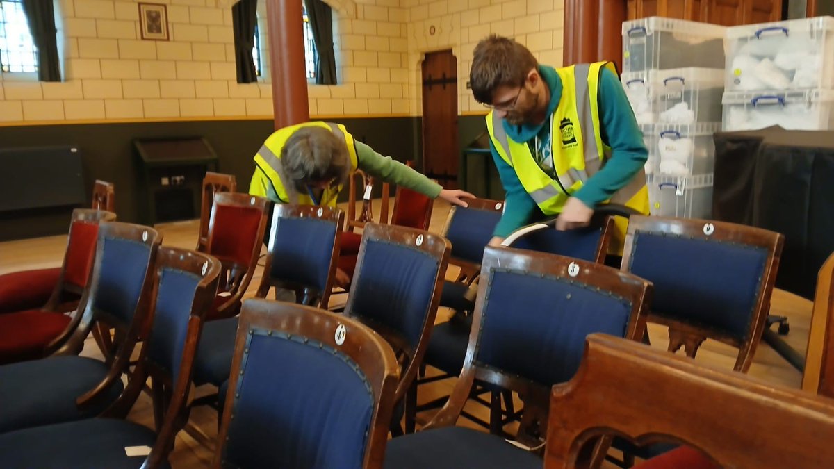 MaisonDieuDover's tweet photo. 56 historic chairs have been safely returned to the Maison Dieu - but there's no time for sitting down as they are carefully vacuumed!
Not long now until we reopen in May!
#reawakening #dover #townhall #eventsvenue
@HeritageFundUK https://t.co/9szI48SLxG