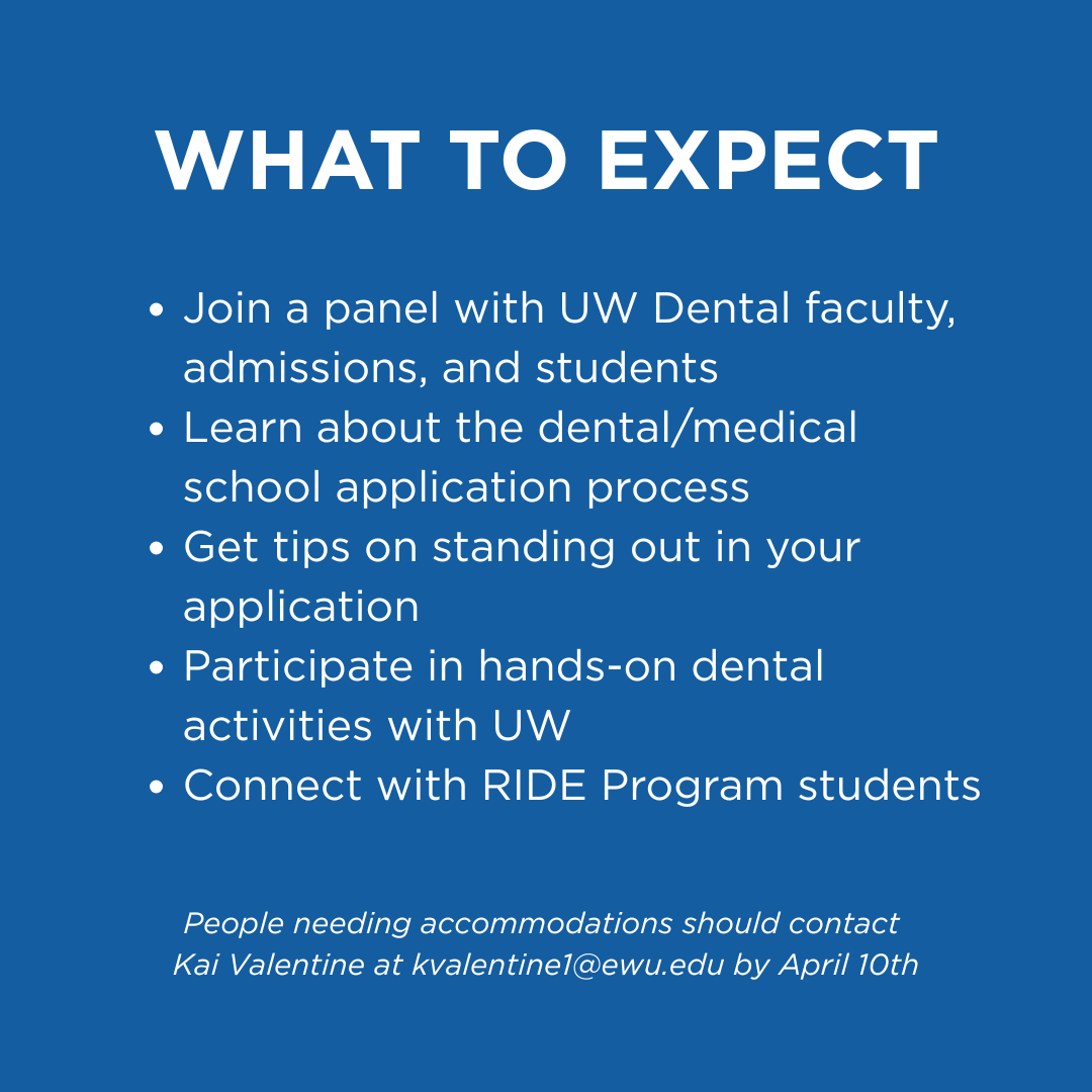 EWUCSTEM's tweet photo. Dreaming of a career in dentistry or healthcare? This workshop is your first step! Join us for the EWU Mesa &amp; UW RIDE Dental Workshop. Be sure to sign up by April 9th!

Click the link below to RSVP🦷
https://t.co/H6d591JrwL https://t.co/QRChTHzPZd