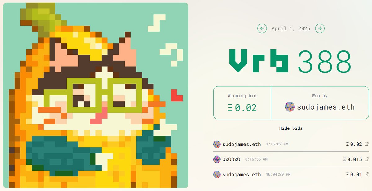 (੭˃ᴗ˂)੭ And the winner of the Banana Dance is... Mr. James! 🏆 🎉

A big thank you to everyone who joined the fun and helped make this auction a reality.

Your support fuels my creativity and keeps me purring with joy! 😻

▀▄▀ VRBS <a href="/VrbsDAO/">Vrbs ▀▄▀</a> 
vrbs.wtf