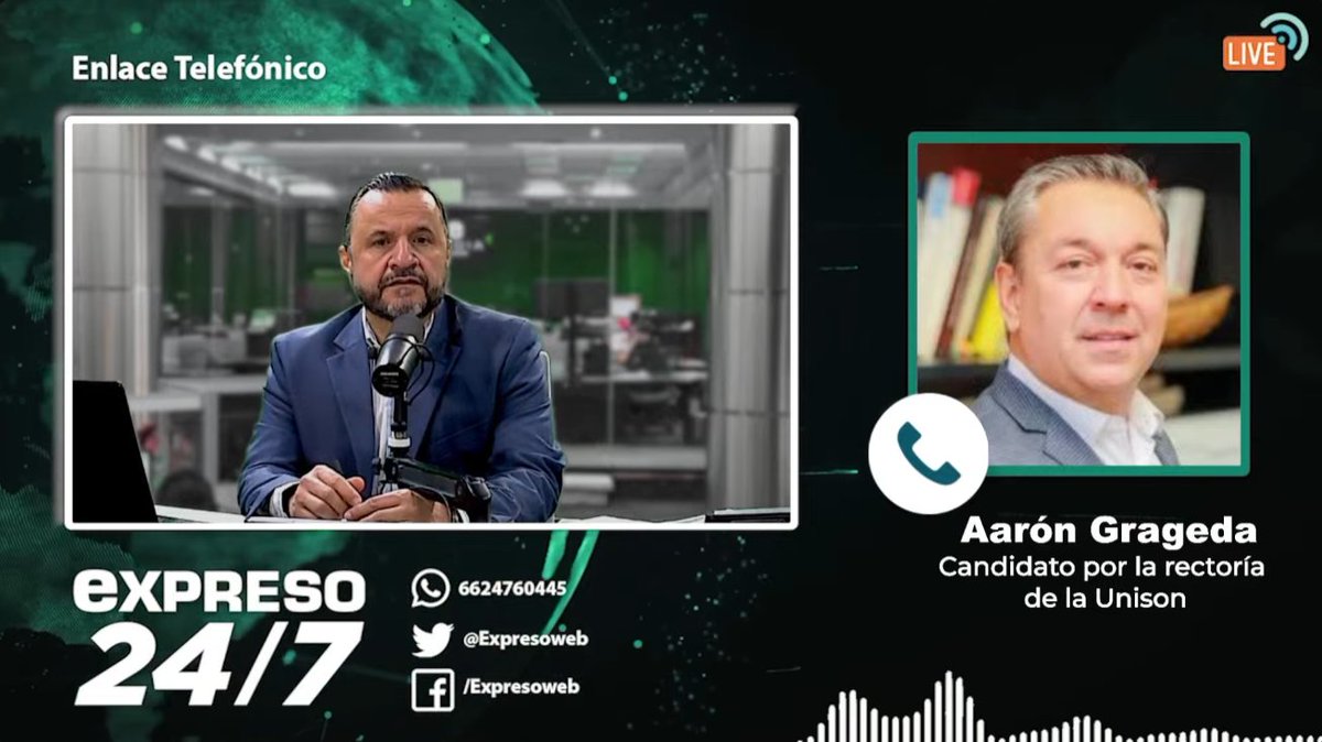 EXPRESO (@expresoweb) on Twitter photo 📡 #EnVivo | Expreso 24/7 matutino con <a href="/Liia_Sandoval/">~Laia</a> y <a href="/marcelobeyliss/">Marcelo Beyliss</a>
🟢 Conversamos con el Dr. <a href="/AaronGragedaB/">Aarón Grageda Bustamante</a>, candidato a la Rectoría de <a href="/SoyUnison/">Soy Unison</a>, quien nos habla sobre la segunda fase de la contienda y los acuerdo a los que llegaron los candidatos.
Acompáñanos en vivo 📲 📡 #EnVivo | Expreso 24/7 matutino con <a href="/Liia_Sandoval/">~Laia</a> y <a href="/marcelobeyliss/">Marcelo Beyliss</a>
🟢 Conversamos con el Dr. <a href="/AaronGragedaB/">Aarón Grageda Bustamante</a>, candidato a la Rectoría de <a href="/SoyUnison/">Soy Unison</a>, quien nos habla sobre la segunda fase de la contienda y los acuerdo a los que llegaron los candidatos.
Acompáñanos en vivo 📲