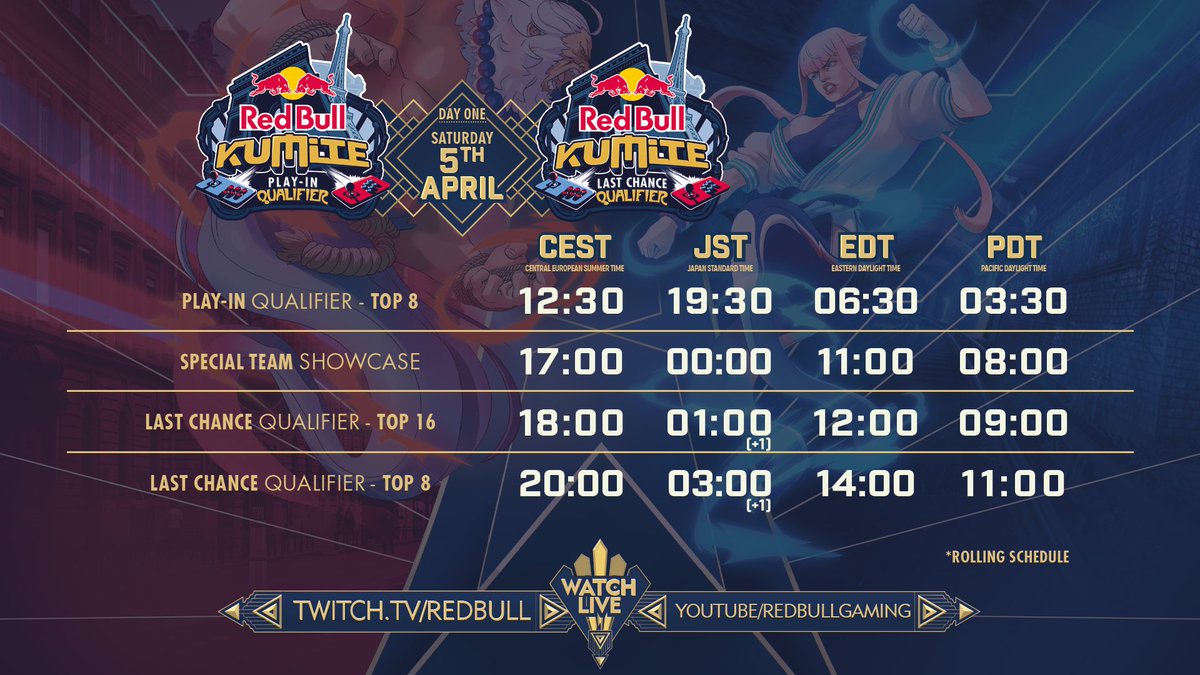 Day 1 stream schedule: Play-in &amp; Last Chance Qualifier 👊

Who will defy the odds and join the UNDERDOGS TEAM in Red Bull Kumite's Main Event on Day 2?

#RedBullKumite2025 | April 5-6