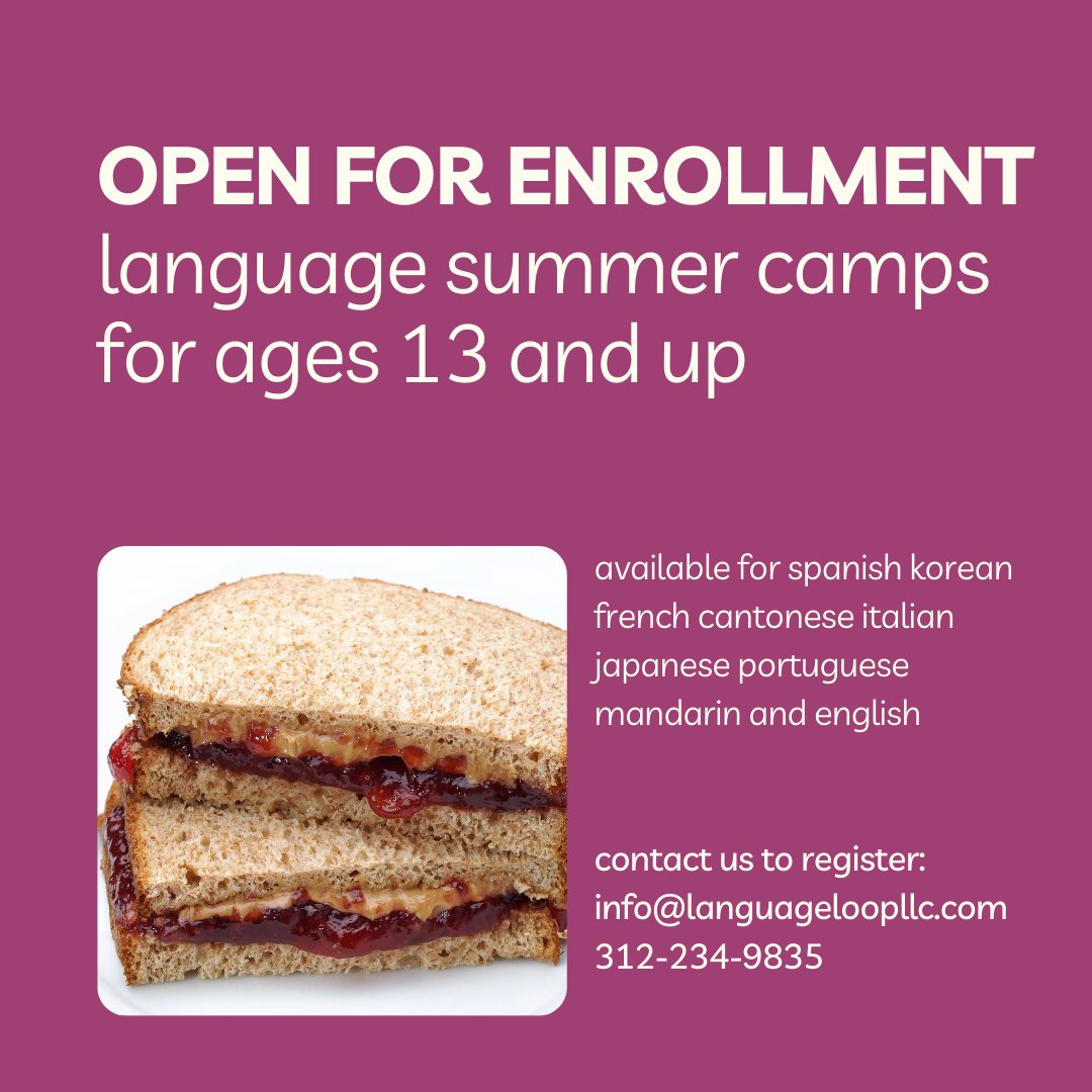 LanguageLoop's tweet image. 🥜🍇 national peanut butter and jelly day is your sign to sign up for your #summer language lessons ☺️

for specific schedules and rates, text/call:
312-837-9012 
or email  info@languageloopllc.com  

#languagelessons #languagetraining #LanguageLearning #languagecourses…