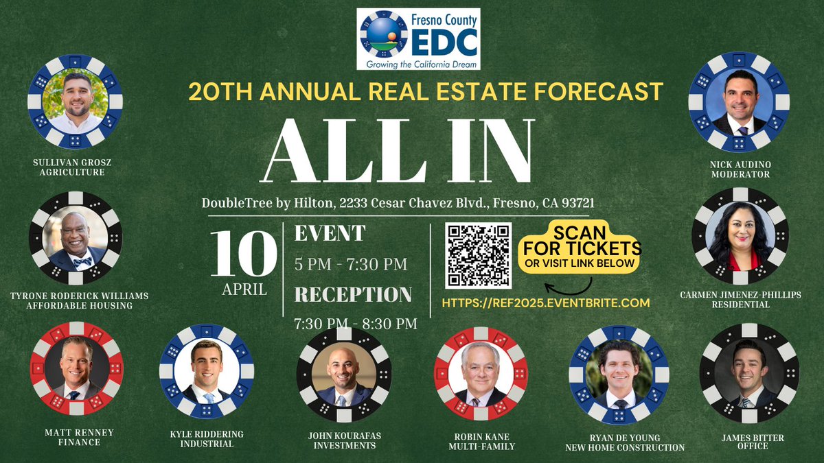 🎲 DON’T MISS OUT 🎲
Join us for the 20th Annual Real Estate Forecast as we go All In! 🏡♥️♠️

📆 Thursday, April 10, 2025
⏰ Doors Open: 5:00 PM – 8:30 PM
📍 DoubleTree by Hilton, Fresno, CA
🎟 Reserve your tickets now: REF2025.eventbrite.com

#RealEstateForecast #FresnoCounty