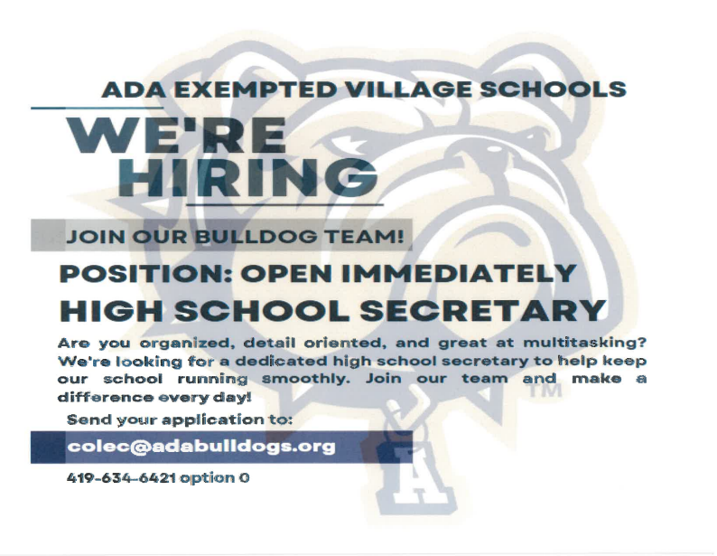 Ada_Schools's tweet image. 📢 We&apos;re Hiring! High School Secretary Needed Immediately 📢

To apply, please send your application to Carla Cole at colec@adabulldogs.org.

Join our team and be part of something great! #WeAreAda #NowHiring #EducationJobs
