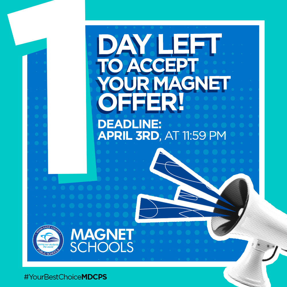 ⚠️ TOMORROW is the LAST DAY! ⚠️
@MiamiMagnets offers must be accepted or declined by April 3, 2025, at 11:59 PM. Miss the deadline, and the seat will be automatically forfeited—no exceptions!

Log in to the <a href="/miamischools/">MDCPS</a> Parent Portal via dadeschools.net to accept TODAY!