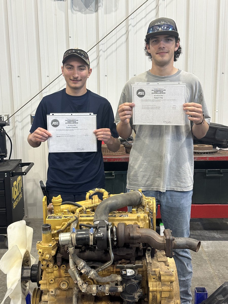 Congrats to Austin Kosydar (CTE Intern) and Ralph Fike (Auto Service 3 student) for earning their ASE Entry Level Certifications.  Austin earned the Medium/Heavy Truck Inspection Maintenance &amp; Minor Repair cert. Ralph earned the Automobile Electrical/Electronic Systems cert.