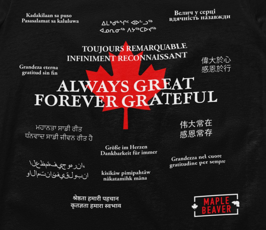 MapleBeaverTM's tweet photo. Every phrase on this hoodie means “Always Great, Forever Grateful” in a different language spoken across Canada. 🧡

It’s a tribute to the richness of our cultural fabric—and a reminder that gratitude is universal.

#CultureIsStrength #CanadianPride #TogetherWeThrive https://t.co/EcMcC1TsQP